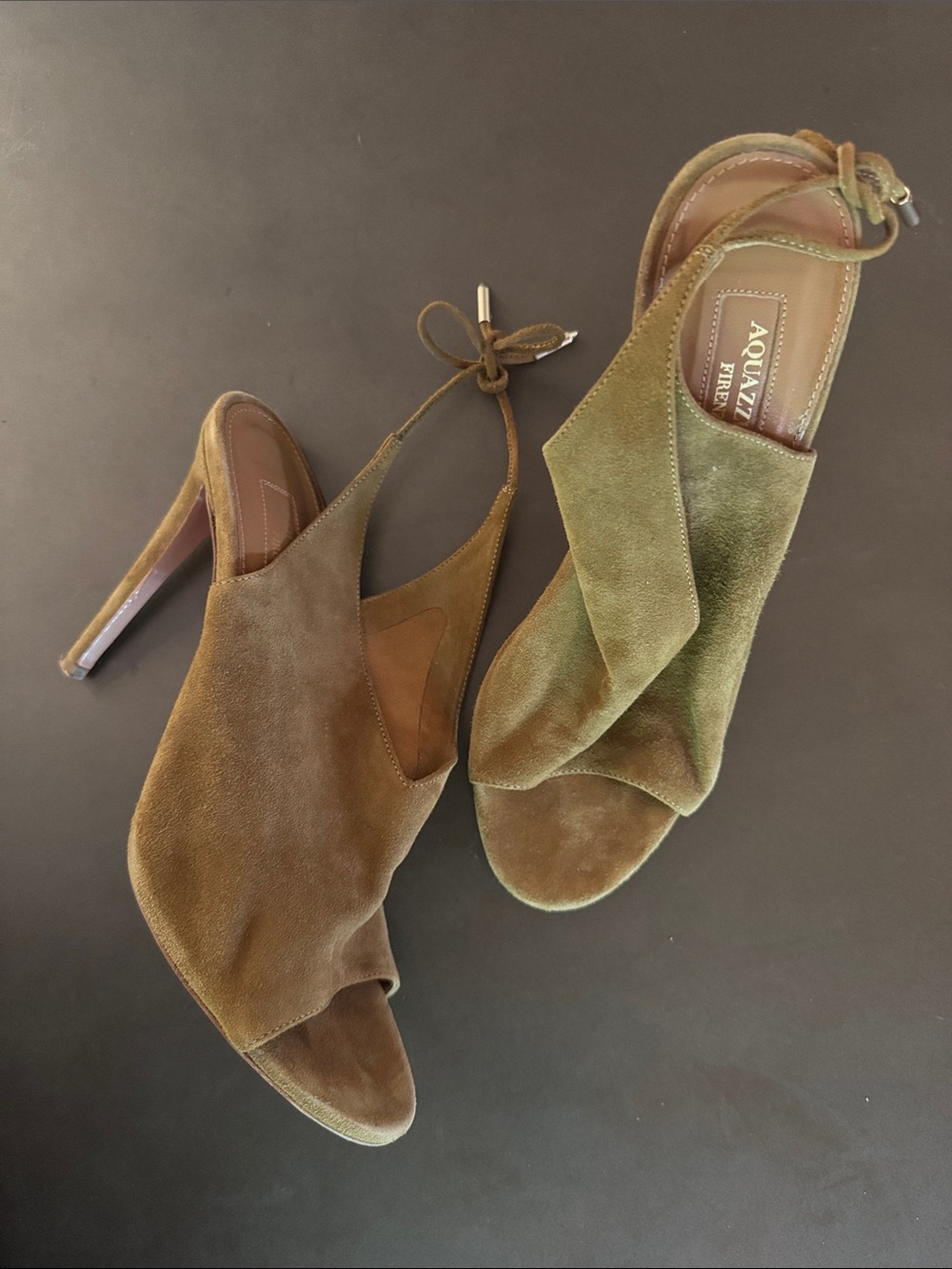 Aquazzura Brown Suede Peep-Toe Slingback Heels